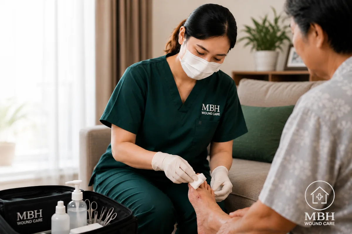 Perawat MBH Wound Care sedang melakukan perawatan luka modern pada pasien homecare di Denpasar.