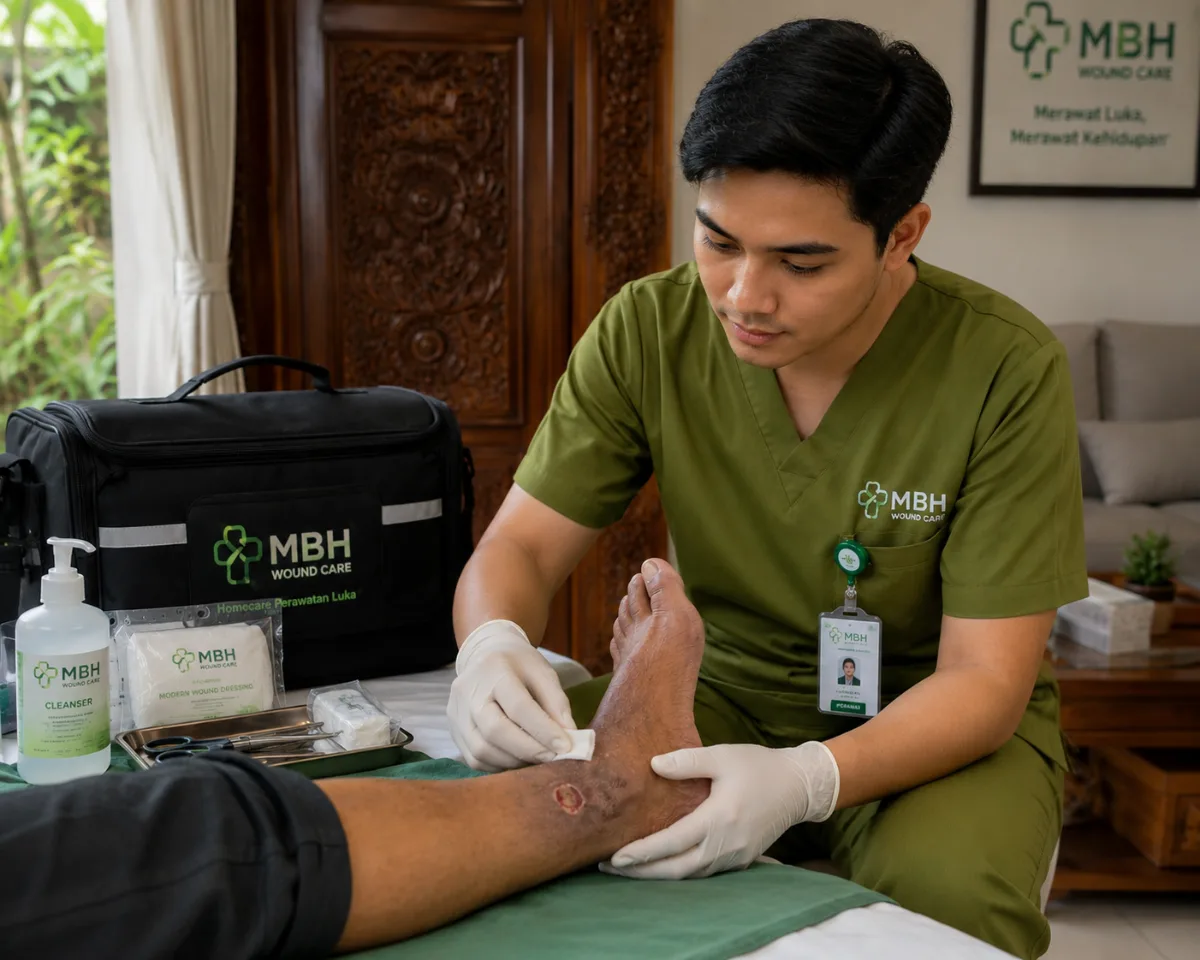 Perawat MBH Wound Care melakukan evaluasi luka diabetes pada kaki pasien saat layanan homecare di Denpasar.