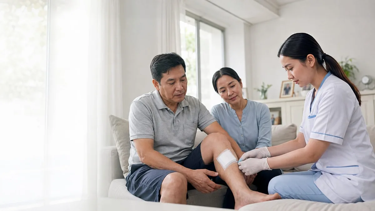 Perawat sedang melakukan homecare perawatan luka - mbh wound care